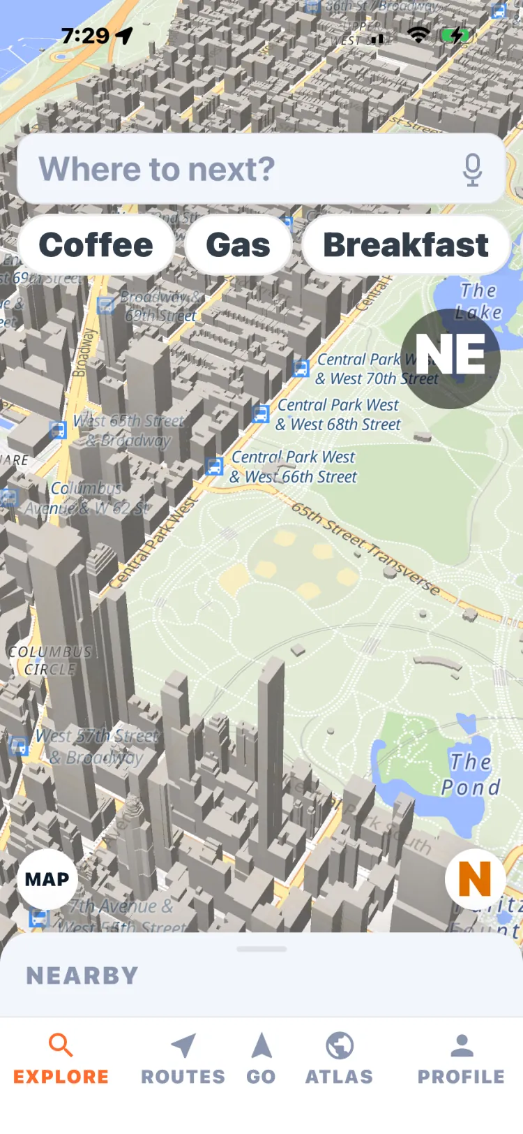 The MapMend app showing a 3D map of Central Park and Manhattan with quick searches for coffee, gas and breakfast